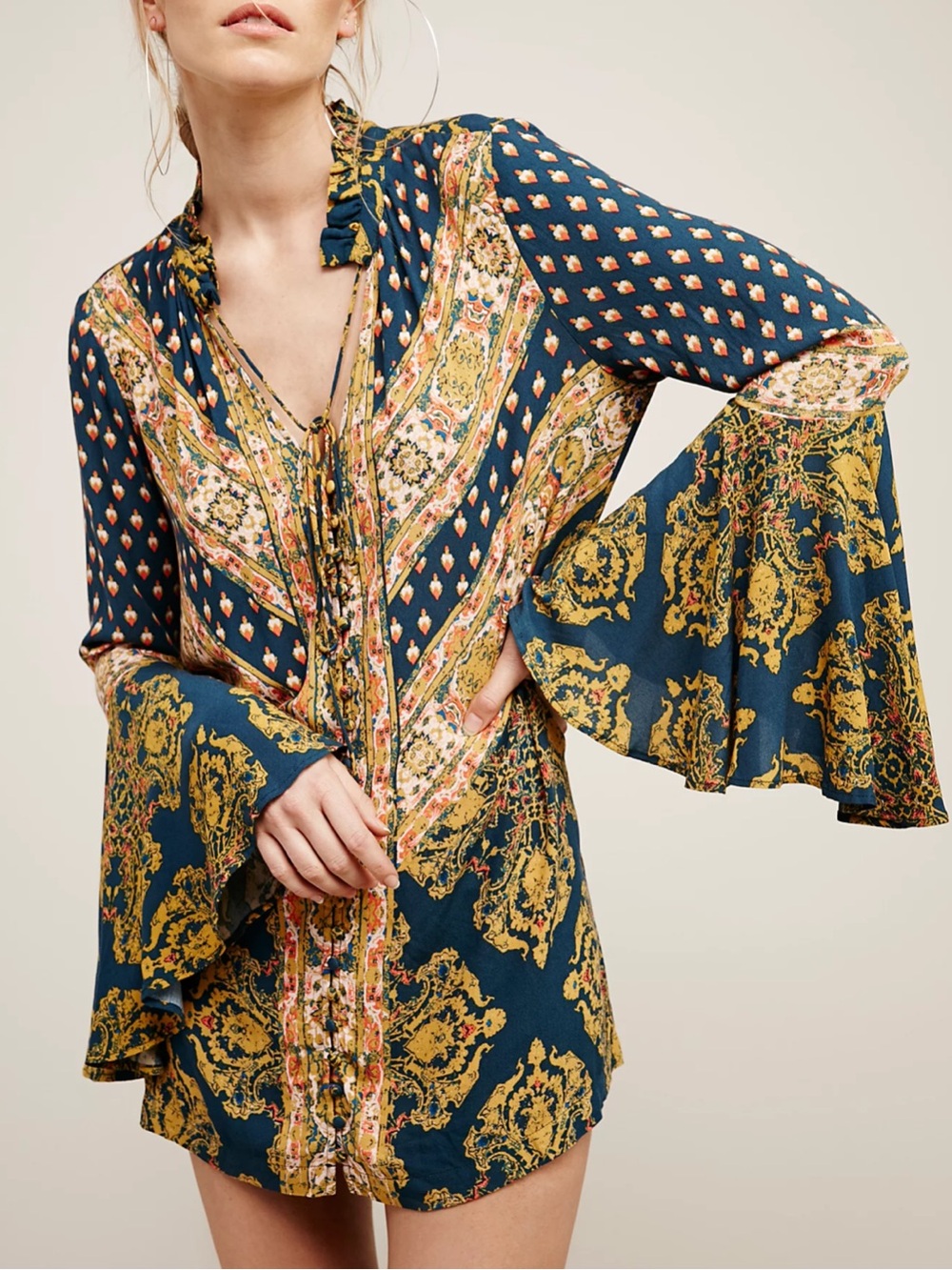 Free People Floral Tunic in Teal, Mustard, Pink Size SP